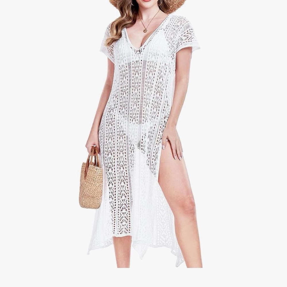 NWT Davena White Crochet Beach Swimsuit Cover Up Womens Size Large
